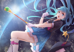 Rule 34 | 1girl, aqua eyes, aqua hair, baton, blue dress, boots, byakuya reki, cross-laced footwear, dress, eclipse, gradient background, hatsune miku, knee boots, lace-up boots, long hair, looking at viewer, magical mirai (vocaloid), magical mirai miku, magical mirai miku (2013), open mouth, planet, puffy short sleeves, puffy sleeves, shirt, short sleeves, smile, solo, space, twintails, very long hair, vocaloid, white footwear
