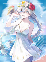 Rule 34 | 1girl, anastasia (fate), anastasia (swimsuit archer) (fate), anastasia (swimsuit archer) (second ascension) (fate), bare shoulders, beach, blue eyes, blue sky, blush, bow, braid, breasts, cleavage, collarbone, doll, dress, dress swimsuit, fate/grand order, fate (series), flower wreath, grin, hair bow, hair over one eye, hairband, head wreath, highres, ice, large breasts, long hair, looking at viewer, poppoman, shore, silver hair, sky, smile, thighs, twin braids, very long hair, viy (fate), white dress