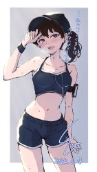 Rule 34 | 1girl, alternate costume, armband, blush, breasts, breath, brown eyes, brown hair, collarbone, commentary, contemporary, contrapposto, cowboy shot, dated, earbuds, earphones, fingernails, gym shorts, hand on forehead, highres, kaga (kancolle), kantai collection, ld (luna dial398), long hair, medium breasts, midriff, navel, open mouth, shorts, side ponytail, signature, simple background, solo, sports bra, sportswear, steam, sweat, teeth, translated, upper teeth only, wristband