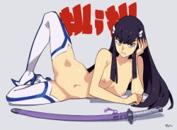 Rule 34 | 1girl, artist name, black hair, boots, breasts, commentary, elbow rest, english commentary, frown, full body, grey background, grey eyes, high heel boots, high heels, katana, kill la kill, kiryuuin satsuki, knee up, long hair, looking at viewer, lying, medium breasts, navel, nipples, nude, on side, optionaltypo, sheath, sheathed, sidelocks, simple background, solo, spread legs, sword, thigh boots, weapon, white footwear
