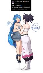 Rule 34 | !?, 2girls, ahoge, bao (vtuber), belt, black hair, blue hair, breasts, censored, censored text, dasdokter, dress, english text, eye contact, grey dress, heart, heart-shaped pupils, height difference, high heels, highres, indie virtual youtuber, kson, lauren phillips lifting alice merchesi (meme), lifting person, long hair, looking at another, meme, multiple girls, open mouth, pants, sarashi, shoes, speech bubble, standing, symbol-shaped pupils, very long hair, virtual youtuber, vshojo, white pants, yuri