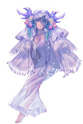 Rule 34 | 1girl, blue eyes, blue hair, braid, braided ponytail, closed mouth, dress, expressionless, flower, full body, hair between eyes, hand on own chest, highres, horns, long hair, long sleeves, original, ponytail, saeldam, solo, veil, white background