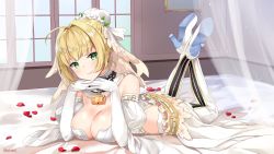 Rule 34 | 10s, 1girl, ahoge, bed, blonde hair, blush, boots, breasts, chain, cleavage, closed mouth, collar, commentary, curtains, detached collar, detached sleeves, elbow gloves, fate/extra, fate/extra ccc, fate/grand order, fate (series), flower, gloves, green eyes, hair flower, hair intakes, hair ornament, high heel boots, high heels, highres, indoors, interlocked fingers, juliet sleeves, kaetzchen, large breasts, leotard, lock, long sleeves, lying, nero claudius (bride) (fate), nero claudius (bride) (second ascension) (fate), nero claudius (fate), nero claudius (fate) (all), on stomach, padlock, petals, puffy sleeves, revision, signature, smile, solo, strapless, strapless leotard, thigh boots, thighhighs, transparent, veil, white collar, white flower, white footwear, white gloves, white leotard, white thighhighs, window
