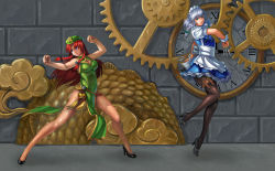 Rule 34 | 2girls, apron, bell, between fingers, braid, breasts, brick wall, china dress, chinese clothes, clenched hand, clock, clockwork, concrete, dragon, dress, fighting stance, floating, full body, green eyes, high heels, highres, holding, holding knife, hong meiling, izayoi sakuya, jingle bell, knife, knives between fingers, large breasts, leg lift, long hair, maid, maid apron, maid headdress, multiple girls, pandawei, pantyhose, red hair, ribbon, short hair, silver hair, skirt, star (symbol), stone wall, tassel, touhou, twin braids, waist apron, wall, wrist cuffs