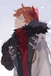 Rule 34 | 1boy, absurdres, ahoge, black gloves, buttons, closed eyes, closed mouth, coat, collared coat, day, earrings, fur-trimmed coat, fur trim, genshin impact, gloves, gong cha, gradient sky, grey sky, hair between eyes, hand up, highres, jewelry, long sleeves, male focus, mask, mask on head, open clothes, open coat, orange hair, outdoors, red mask, red scarf, scarf, short hair, single earring, sky, smile, solo, standing, tartaglia (genshin impact), white coat, white sky