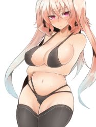 Rule 34 | 1girl, bikini, black bikini, black thighhighs, blonde hair, breasts, cleavage, covered erect nipples, elsie-san (oshiruko), frown, gradient hair, huge breasts, long hair, multicolored hair, navel, original, oshiruko (tsume), pink eyes, pink hair, simple background, solo, swimsuit, thick thighs, thighhighs, thighs, two side up, white background, wide hips