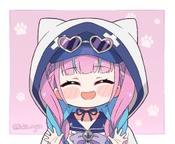 Rule 34 | :d, ^ ^, blue hair, blunt bangs, blush stickers, braid, chibi, choker, closed eyes, commentary, english commentary, hololive, hood, hooded jacket, jacket, kukie-nyan, long hair, minato aqua, minato aqua (sailor), multicolored hair, official alternate costume, open mouth, purple eyes, purple hair, ribbon choker, smile, streaked hair, twin braids, twintails, twitter username, two-tone hair, virtual youtuber, white jacket