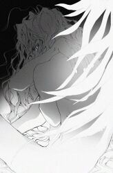 Rule 34 | 1boy, aqua eyes, commentary, completely nude, english commentary, from above, from behind, glowing, glowing wings, hand on own shoulder, long hair, looking at viewer, male focus, millions knives, mixed-language commentary, monochrome, nude, saeldam, self hug, sitting, solo, trigun, wavy hair, wings