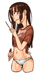 Rule 34 | 1girl, breasts, bright pupils, brown hair, cowboy shot, cropped legs, cropped shirt, dated, food, hand up, highres, kotoba noriaki, long hair, looking at viewer, midriff, mouth hold, navel, orange eyes, original, panties, parted lips, pocky, red shirt, shirt, short sleeves, signature, simple background, small breasts, smile, solo, underwear, white background, white panties
