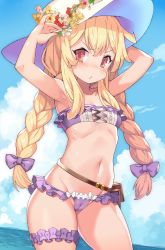 Rule 34 | 1girl, arms up, bare arms, bare shoulders, bikini, blonde hair, blue sky, blush, bow, braid, breasts, brown flower, cameltoe, cleavage, cleft of venus, closed mouth, cloud, cloudy sky, collarbone, commentary request, day, flower, frilled bikini, frills, groin, hair bow, hat, hat flower, highres, horizon, little witch nobeta, long hair, looking at viewer, low twintails, navel, nobeta, ocean, outdoors, purple bikini, purple bow, red eyes, red flower, sidelocks, sky, small breasts, solo, sun hat, swimsuit, tsudero, twin braids, twintails, v-shaped eyebrows, very long hair, water, white flower, white hat, yellow flower