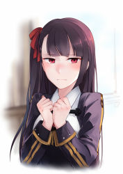 Rule 34 | 1girl, blazer, blurry, blurry background, blush, breasts, closed mouth, collared shirt, embarrassed, girls&#039; frontline, hair ribbon, half updo, highres, jacket, large breasts, long hair, looking at viewer, necktie, one side up, own hands together, purple hair, red eyes, red necktie, ribbon, shirt, sidelocks, solo, striped clothes, striped shirt, very long hair, wa2000 (girls&#039; frontline), yorktown cv-5