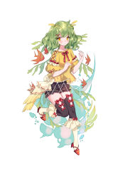 Rule 34 | 1girl, absurdres, animal, black shorts, black thighhighs, blouse, blush, bow, closed mouth, fish, frilled shorts, frills, green hair, hair between eyes, highres, looking at viewer, original, puffy sleeves, red bow, red footwear, sample watermark, shirt, short shorts, short sleeves, shorts, simple background, solo, standing, standing on one leg, thighhighs, watermark, white background, yellow eyes, yellow shirt, yuzhi