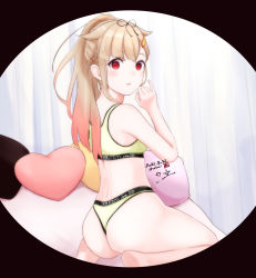Rule 34 | 1girl, alternate hairstyle, ass, bed, black ribbon, blonde hair, bra, character name, clothes writing, curtains, from behind, gradient hair, hair flaps, hair ornament, hair ribbon, hairclip, heart, heart-shaped pillow, highres, kantai collection, kneeling, long hair, looking at viewer, multicolored hair, panties, pillow, red eyes, ribbon, solo, sports bra, thong, underwear, underwear only, velchi, yellow bra, yellow panties, yuudachi (kancolle), yuudachi kai ni (kancolle)