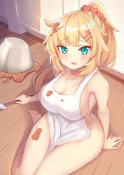 Rule 34 | 1girl, akai haato, apron, barefoot, blonde hair, blue eyes, bowl, breasts, chocolate, cleavage, hair ornament, hairclip, heart, heart hair ornament, highres, hololive, large breasts, naked apron, ponytail, sideboob, spatula, spill, virtual youtuber, wooden floor, zeolch
