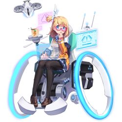 Rule 34 | !, 1girl, aqua eyes, aqua skirt, artist request, black pantyhose, blonde eyebrows, blonde hair, blue ribbon, blunt bangs, brown footwear, brown sweater, carrot print, coffee, collar, collared shirt, covering own mouth, cup, drone, final gear, floating, floating object, flying, food print, full body, glasses, glowing hairband, gold buttons, hair behind ear, hairband, hand over own mouth, high ponytail, highres, horizontal-striped skirt, horizontal-striped sleeves, jacket, knees together feet apart, lightning bolt symbol, loafers, long sleeves, looking at viewer, medium hair, mug, neck ribbon, official art, on chair, orange jacket, orange sleeves, pantyhose, pink-framed eyewear, pleated skirt, powered wheelchair, propeller, ribbon, school uniform, screen, semi-rimless eyewear, shirt, shoes, short ponytail, side ponytail, simple background, sitting, skirt, sleeveless, sleeveless sweater, solo, straight hair, sweater, tachi-e, third-party source, transparent background, undershirt, vertical-striped ribbon, wheel, wheelchair, white collar, white sleeves, xime (final gear)