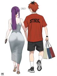 Rule 34 | 1boy, 1girl, alternate costume, arm hug, ass, bag, black footwear, black hair, cellphone, contemporary, dress, fatzhai, fern (sousou no frieren), from behind, full body, grey dress, hetero, highres, holding, holding bag, holding phone, multicolored hair, pantylines, phone, ponytail, purple hair, red hair, red shirt, roots (hair), see-through silhouette, shirt, shoes, shopping bag, simple background, sleeveless, sleeveless dress, sneakers, sousou no frieren, speech bubble, stark (sousou no frieren), white background