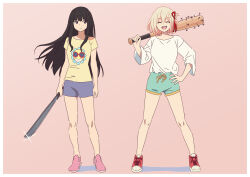 Rule 34 | 2girls, ^ ^, asada7101, baseball bat, black hair, blonde hair, blue shirt, blue shorts, bob cut, border, breasts, closed eyes, closed mouth, commentary request, floating hair, full body, glint, hair ribbon, hand on own hip, highres, holding, holding baseball bat, holding machete, inoue takina, long hair, lycoris recoil, medium breasts, multiple girls, nail, nail bat, nishikigi chisato, open mouth, partial commentary, pink background, pink footwear, purple eyes, red footwear, red ribbon, ribbon, shirt, shoes, short hair, shorts, sidelocks, simple background, sleeves past elbows, smile, standing, teeth, upper teeth only, white border, yellow shirt