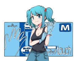 Rule 34 | 1girl, black tank top, blue eyes, blue gloves, blue hair, blue pants, breasts, cleavage, closed mouth, commentary request, cowboy shot, gloves, hair bobbles, hair ornament, kawashiro nitori, looking at viewer, medium breasts, medium hair, pants, short twintails, sidelocks, smile, solo, tank top, touhou, twintails, two side up, white background, yan pai