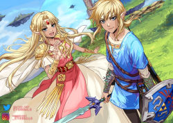 Rule 34 | 1boy, 1girl, armor, arrow (projectile), artist name, belt, black pants, blonde hair, blue eyes, blue shirt, blue sky, blush, breasts, cape, circlet, closed mouth, collarbone, day, dress, dutch angle, earrings, floating island, gem, grass, hair intakes, hand up, happy, holding, holding sword, holding weapon, hylian shield, instagram username, jewelry, layered sleeves, light blush, link, long hair, long sleeves, looking at viewer, master sword, necklace, nintendo, open mouth, outdoors, outstretched arm, pants, pink dress, pointy ears, princess zelda, red gemstone, scabbard, sheath, shield, shirt, short hair, short over long sleeves, short sleeves, shoulder armor, sidelocks, sky, small breasts, smile, super smash bros., sword, teeth, ten-chan (eternal s), the legend of zelda, the legend of zelda: a link between worlds, the legend of zelda: breath of the wild, triforce, twitter username, undershirt, vambraces, watermark, weapon, white cape