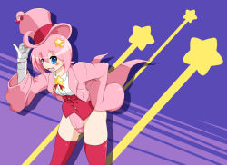 Rule 34 | 1girl, blue eyes, fang, gender request, genderswap, gloves, hat, kirby, kirby (series), leotard, magician, nintendo, personification, shadow443, short hair, solo, star (symbol), top hat, white gloves