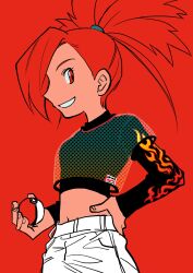 Rule 34 | 1girl, alternate costume, black shirt, commentary, creatures (company), elizabeth (tomas21), eyelashes, flannery (pokemon), game freak, grin, hand on own hip, highres, holding, holding poke ball, long sleeves, looking at viewer, midriff, navel, nintendo, pants, poke ball, poke ball (basic), pokemon, pokemon rse, ponytail, red background, red eyes, red hair, shirt, simple background, smile, solo, white pants