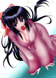 Rule 34 | 1girl, all fours, black hair, bow, breasts, cleavage, covered erect nipples, hair bow, highres, japanese clothes, kimono, large breasts, long hair, matra milan, mouth hold, naughty face, noihara himari, official art, omamori himari, ponytail, purple eyes, seductive smile, smile, solo, very long hair