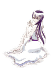 Rule 34 | 1girl, adapted costume, barefoot, closed mouth, cosplay, cure moonlight, cure moonlight (cosplay), dress, from behind, full body, glasses, hair between eyes, heartcatch precure!, long dress, long hair, looking at viewer, looking back, nita (onakatohoppe), precure, purple eyes, purple hair, simple background, sitting, sketch, sleeveless, sleeveless dress, smile, solo, tsukikage yuri, very long hair, white background, white dress