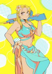 Rule 34 | 1girl, bikini, bikini skirt, blonde hair, breasts, brown eyes, chihiroiai, closed mouth, commentary request, earrings, fullmetal alchemist, gun, hand on own hip, highres, holding, holding water gun, jewelry, looking back, medium breasts, navel, official alternate costume, riza hawkeye, simple background, smile, solo, standing, swimsuit, water gun, weapon