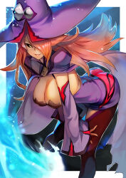 Rule 34 | 1girl, bent over, black sclera, blazblue, border, breasts, cape, cleavage, colored sclera, detached sleeves, dress, hair over one eye, hat, hinoru saikusa, konoe a. mercury, large breasts, long hair, looking at viewer, orange hair, purple cape, purple dress, purple hat, short dress, sleeves past wrists, solo, thighhighs, white border, witch, witch hat, yellow eyes