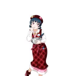 Rule 34 | 1girl, animal print, apron, artist name, artist request, blue hair, blush, cat hair ornament, cat print, checkered apron, checkered clothes, collared shirt, dress, female focus, hair bun, hair ornament, heart, heart hair ornament, holding, jewelry, long hair, long sleeves, looking at viewer, love live!, love live! school idol festival, love live! sunshine!!, necklace, parted lips, paw print, pearl necklace, pink neckwear, puffy long sleeves, puffy sleeves, purple eyes, red apron, red dress, red footwear, red headwear, red ribbon, ribbon, shirt, shoes, single hair bun, smile, solo, striped ribbon, tsushima yoshiko, white background, x hair ornament