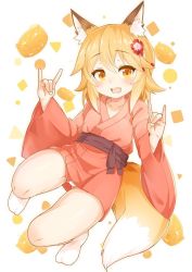 Rule 34 | 1girl, :d, animal ear fluff, animal ears, blonde hair, blush, brown eyes, brown kimono, collarbone, commentary request, double fox shadow puppet, fang, flower, fox ears, fox girl, fox shadow puppet, fox tail, full body, hair between eyes, hair flower, hair ornament, hands up, japanese clothes, kimono, long hair, long sleeves, looking at viewer, no shoes, obi, open mouth, red flower, sash, senko (sewayaki kitsune no senko-san), sewayaki kitsune no senko-san, simple background, smile, socks, solo, tail, ug (nekonekodou), white background, white socks, wide sleeves