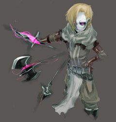 Rule 34 | 1boy, asymmetrical hair, belt, black sclera, blonde hair, brown pants, brown shirt, capelet, colored sclera, colored skin, commentary request, cowboy shot, cropped legs, doppelganger (ragnarok online), floating, floating object, floating weapon, gyuu-kun, hair over one eye, hand on own hip, highres, male focus, open mouth, pants, pink eyes, ragnarok online, shirt, short hair, simple background, solo, swordsman (ragnarok online), white capelet, white skin