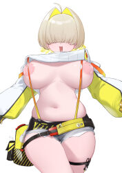 Rule 34 | 1girl, absurdres, ahoge, blonde hair, breasts, breasts apart, cowboy shot, curvy, dongye1551, dot nose, elegg (nikke), exposed pocket, facing viewer, goddess of victory: nikke, grey shorts, hair intakes, hair over eyes, highres, inverted nipples, lactation, large areolae, large breasts, long bangs, long sleeves, medium hair, multicolored hair, navel, open mouth, outstretched arms, plump, puffy nipples, short hair, short shorts, shorts, simple background, solo, straight-on, suspender shorts, suspenders, thick thighs, thigh strap, thighs, two-tone hair, white background