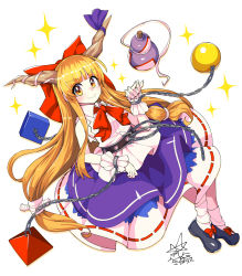 Rule 34 | 1girl, black footwear, blunt bangs, bow, closed mouth, commentary, cube, cuffs, footwear bow, full body, gourd, hair bow, highres, horn ornament, horn ribbon, horns, ibuki suika, long hair, looking at viewer, low-tied long hair, metal belt, orange eyes, orange hair, orb, purple ribbon, purple skirt, pyramid (structure), red bow, red neckwear, ribbon, shackles, shirt, signature, simple background, skirt, smile, socks, solo, star (symbol), torn clothes, torn sleeves, touhou, umigarasu (kitsune1963), very long hair, white background, white shirt, white socks, wrist cuffs