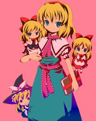 Rule 34 | 1girl, alice margatroid, blonde hair, blue eyes, book, capelet, character doll, female focus, hat, holding, holding book, hourai doll, kirisame marisa, long skirt, looking at viewer, michii yuuki, peeking out, ribbon, sash, shanghai doll, short hair, simple background, skirt, standing, touhou, witch hat