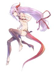 Rule 34 | 1girl, barefoot, black thighhighs, borrowed character, closed mouth, commentary, deluxe&lt;&lt;&lt;, dragon girl, dragon horns, dragon tail, facial mark, flat chest, full body, hair between eyes, highres, horns, long hair, looking at viewer, low-tied long hair, melusine (ibuki notsu), midriff, navel, original, red eyes, revealing clothes, silver hair, simple background, skinny, solo, tail, thighhighs, toeless legwear, toes, very long hair, white background