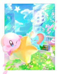 Rule 34 | ^ ^, blue eyes, blue sky, blush, blush stickers, border, bug, building, butterfly, city, closed eyes, closed mouth, cloud, commentary request, day, elfilin, flower, glowing butterfly, grass, highres, insect, kirby, kirby (series), kirby and the forgotten land, ladder, light rays, nintendo, no humans, notched ear, one eye closed, outdoors, outside border, overgrown, petals, pink flower, railing, riding, sky, smile, star (symbol), stern (stern dream), traffic cone, warp star, white border, yellow flower