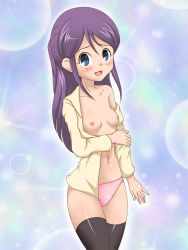Rule 34 | 1girl, black thighhighs, blue eyes, blush, breasts, female focus, highres, inazuma eleven, inazuma eleven (series), kudou fuyuka, long hair, navel, nipples, no pants, off shoulder, open clothes, open mouth, open shirt, panties, ponytail, purple hair, shirt, small breasts, smile, solo, takappe, thighhighs, underwear, undressing