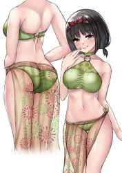 Rule 34 | 1girl, alternate costume, ass, back, bare shoulders, bikini, black hair, breasts, creatures (company), erika (pokemon), game freak, hairband, highres, looking at viewer, midriff, multiple views, navel, nintendo, pokemon, pokemon lgpe, red hairband, sarong, see-through, see-through sarong, short hair, signdasuyo, smile, solo, swimsuit, thighs, white background