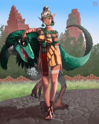Rule 34 | 1girl, dinosaur, dress, elf, facial tattoo, fantasy, feathers, highres, jewelry, lart173, long hair, looking at viewer, mayan, mayan clothes, mayan mythology, original, pointy ears, road, sandals, tattoo, temple