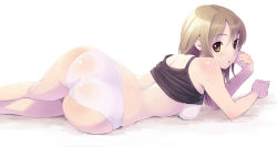 Rule 34 | 1girl, arched back, ass, bad id, bad pixiv id, bare back, bare legs, bare shoulders, blush, bra, brown eyes, brown hair, clothes lift, derivative work, lingerie, lying, no pants, on side, open mouth, original, oryo (oryo04), panties, shirt lift, simple background, solo, tank top, underwear, underwear only, white bra, white panties, wide hips