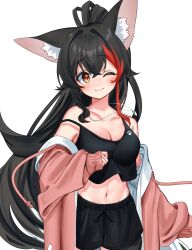 Rule 34 | 1girl, absurdres, animal ear fluff, animal ears, black camisole, black hair, black shorts, breasts, brown eyes, camisole, cleavage, daichi (daichi catcat), highres, hololive, jacket, long hair, looking at viewer, medium breasts, navel, off shoulder, one eye closed, ookami mio, pink jacket, ponytail, short shorts, shorts, sleeves past wrists, smile, solo, strap slip, very long hair, virtual youtuber, wolf ears, wolf girl