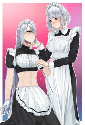 Rule 34 | 2girls, ak-15 (girls&#039; frontline), alternate costume, apron, artificial eye, artificial eyes, artist name, blush, border, braid, breasts, closed mouth, commentary, darkpulsegg, english commentary, enmaided, french braid, girls&#039; frontline, gloves, grey hair, hand on another&#039;s chin, hand on another&#039;s hand, highres, holding, holding knife, kneeling, knife, lips, long hair, long sleeves, looking at another, maid, maid apron, maid headdress, mechanical eye, medium breasts, medium hair, multiple girls, navel, open mouth, parted lips, purple eyes, rpk-16 (girls&#039; frontline), short sleeves, simple background, smile, standing, stomach, white apron, white border, white gloves