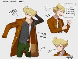 Rule 34 | 1boy, aged up, arrow (symbol), barry (pokemon), belt, blonde hair, brown bag, brown coat, buttons, character name, clenched hands, coat, commentary, creatures (company), english text, flying sweatdrops, game freak, green pants, hands up, hazel0217, highres, male focus, mouth hold, nintendo, open clothes, open coat, open mouth, orange eyes, pants, pokemon, pokemon dppt, scarf, signature, sketch, sweat, teeth, tongue, white belt, white scarf