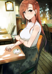 Rule 34 | 1girl, arisugawa natsuha, bare shoulders, breasts, brown hair, chair, commentary request, cup, disposable coffee cup, disposable cup, fingernails, hair ornament, hairclip, holding, idolmaster, idolmaster shiny colors, indoors, large breasts, long hair, looking at viewer, nail polish, parted lips, shiroyukimajima, shirt, sitting, skirt, solo, spoon, white shirt