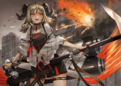 Rule 34 | 1girl, arknights, black dress, blonde hair, burning, burning building, choker, cowboy shot, dress, elite ii (arknights), fire, flamethrower, gas tank, horns, ifrit (arknights), material growth, nail polish, open mouth, orange eyes, oripathy lesion (arknights), outdoors, short hair, smile, solo, standing, striped clothes, striped dress, thigh strap, toka (marchlizard), twintails, vertical-striped clothes, vertical-striped dress, weapon
