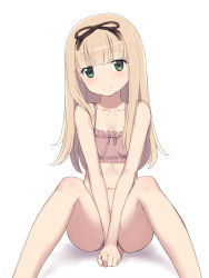 Rule 34 | 10s, 1girl, bad id, bad pixiv id, black ribbon, blonde hair, blunt bangs, blush, bra, cnm, collarbone, green eyes, hair ribbon, highres, kantai collection, long hair, panties, pink bra, pink panties, ribbon, shadow, simple background, smile, solo, underwear, underwear only, white background, yuudachi (kancolle)