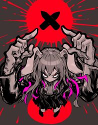 Rule 34 | 1girl, absurdres, angry, animal ears, bags under eyes, black outline, bullet, closed mouth, collared shirt, colored inner hair, commentary request, floppy ears, foreshortening, frown, full body, highres, limited palette, long hair, multicolored hair, necktie, nehitsuji (syatihokoga), outline, purple hair, rabbit ears, rabbit girl, red eyes, reisen udongein inaba, shirt, skirt, solo, touhou, v-shaped eyebrows