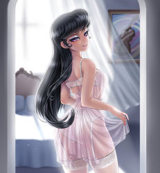 Rule 34 | 1girl, back, bed, bedroom, black hair, bra, breasts, curly hair, curry, earrings, eyeshadow, food, from behind, garter belt, jewelry, light particles, lingerie, long hair, looking at viewer, looking back, makeup, medium breasts, my little pony, my little pony: friendship is magic, nightgown, octavia melody, painting (object), panties, parted lips, personification, purple eyes, racoon-kun, raised eyebrow, see-through, smile, smirk, solo, stud earrings, swept bangs, thighhighs, underwear, very long hair, white bra, white panties, white thighhighs, window