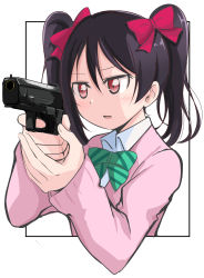 Rule 34 | 1girl, absurdres, aiming, black hair, bow, bowtie, gun, hair bow, handgun, highres, holding, holding gun, holding weapon, love live!, love live! school idol project, outside border, pistol, red eyes, school uniform, simple background, solo, striped bow, striped bowtie, striped clothes, sweater, twintails, upper body, weapon, wewe, white background, yazawa nico